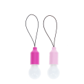 Pair of pink mini LED light bulb keyrings with black loop cords