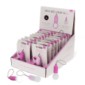 Mini LED light bulb keyring displayed beside countertop display box and retail packaging