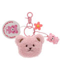 Pink teddy bear lip gloss keyring with plush pouch and flower charm with tag.