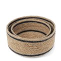 Set of two round woven storage baskets with black stripe detail.