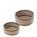 Set of two round woven storage baskets with black stripe detail.
