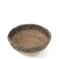 Round seagrass bowl with natural and black woven detail.