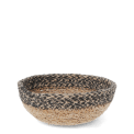 Round seagrass bowl with natural and black woven detail.