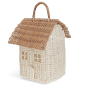 White and natural rattan house-shaped basket with carry handle