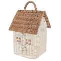 White and natural rattan house-shaped basket with carry handle