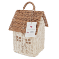 White and natural rattan house-shaped basket with carry handle