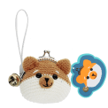 Crochet fox-shaped coin purse with a metal clasp and hanging bell charm with tag.