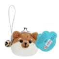Crochet fox-shaped coin purse with a metal clasp and hanging bell charm with tag.