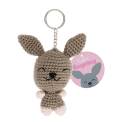 Crochet rabbit keyring with long ears and a silver metal keyring attachment with tag.