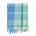 Blue, green and white check blanket folded.