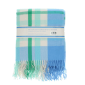 Blue, green and white check blanket folded.