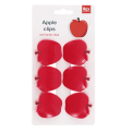 Set of 6 red apple-shaped bag clips on retail backing card packaging