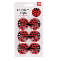 Set of 6 ladybird-shaped bag clips on retail backing card packaging