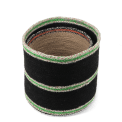 Set of two round jute storage baskets in natural and black.