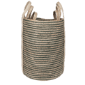 Set of three striped storage baskets with handles in assorted sizes.