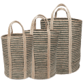 Set of three striped storage baskets with handles in assorted sizes.