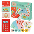 Wooden shopping money play set with toy cards, cash register, coins and receipts
