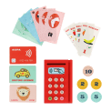 Wooden shopping money play set with toy cards, cash register, coins and receipts