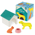 Wooden pet play set with dog, cat, kennel, bowl and illustrated storage box