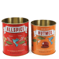 Set of two retro-style storage tins with allspice and nutmeg spice label designs