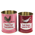 Set of two retro-style storage tins with poultry seasoning and goose pâté designs