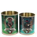 Set of two coconut milk storage tins with tiger and bird illustrations in retro-style designs