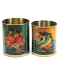 Set of two vegetable broth storage tins with colourful harvest vegetable illustrations