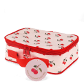 Cherry print insulated lunch bag with red zip fastening and carry handle with tag.