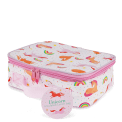 Unicorn print insulated lunch bag with red zip fastening and carry handle with tag.