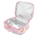 Unicorn print insulated lunch bag with red zip fastening and carry handle.