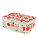 Vintage apple print insulated lunch bag with red zip fastening and carry handle.
