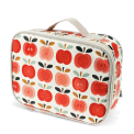 Vintage apple print insulated lunch bag with red zip fastening and carry handle.