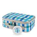 Blue check print insulated lunch bag with red zip fastening and carry handle.