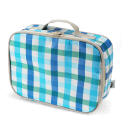 Blue check print insulated lunch bag with red zip fastening and carry handle.