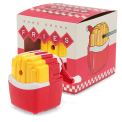 Hand-crank fries-shaped pencil sharpener with red and yellow design and packaging.