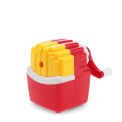 Hand-crank fries-shaped pencil sharpener with red and yellow design 