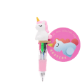 Unicorn four-colour pen with pastel pink grip and 3D unicorn topper with tag.