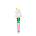 Unicorn four-colour pen with pastel pink grip and 3D unicorn topper.