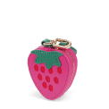 Strawberry-shaped coin purse with zip closure, embroidered seed details and keychain attachment.