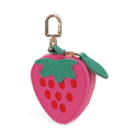 Strawberry-shaped coin purse with zip closure, embroidered seed details and keychain attachment.