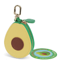 Avocado-shaped coin purse with zip closure and keychain attachment with tag.