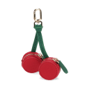 Cherry-shaped coin purse with zip compartments, green strap and gold-tone keychain.
