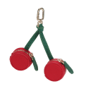 Cherry-shaped coin purse with zip compartments, green strap and gold-tone keychain.