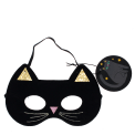 Black cat-shaped eye mask with elastic strap and a tag.