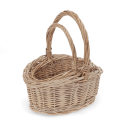 Set of two natural wicker baskets with woven design and carrying handles.