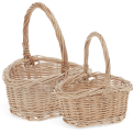 Set of two natural wicker baskets with woven design and carrying handles.