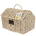Woven farmhouse-shaped basket with pitched roof, handle, window and tag.