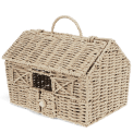 Woven farmhouse-shaped basket with pitched roof, handle and window.