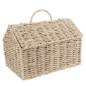 Back view of woven farmhouse-shaped basket with handle.