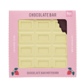 White chocolate bar-shaped notebook in pink packaging with strawberry-themed details.